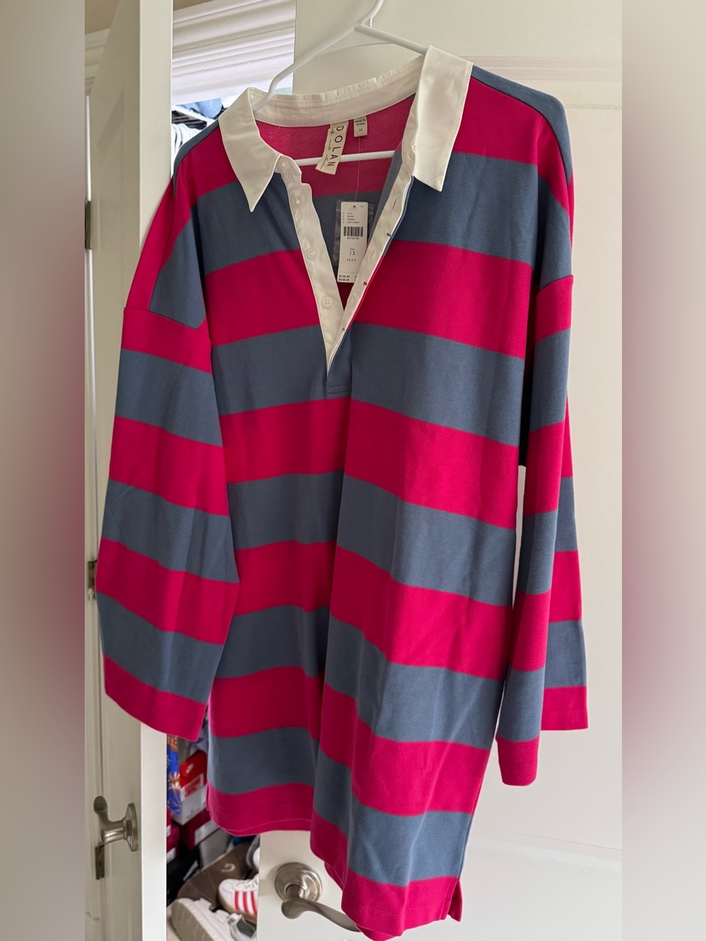 Anthropologie Dolan Pink and Slate Blue Striped Rugby Polo